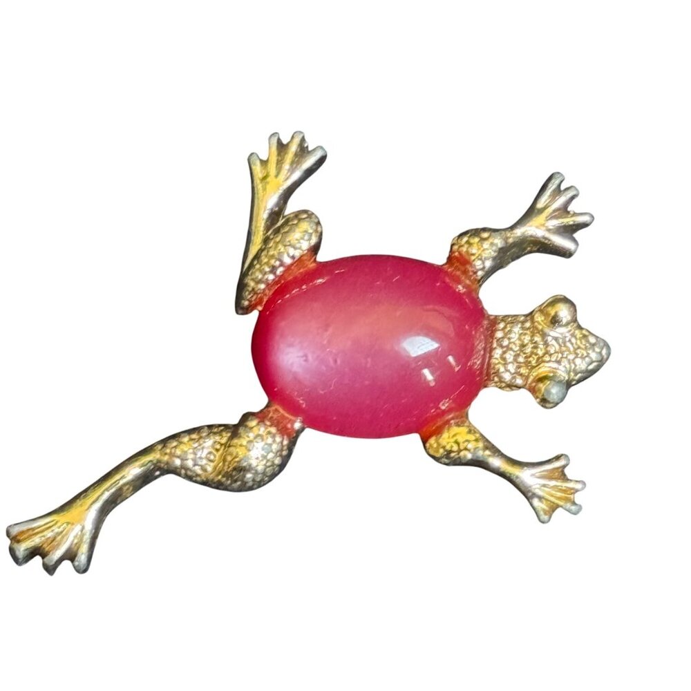 Gold-Tone Frog Brooch With Pink Stone Belly & Textured Finish